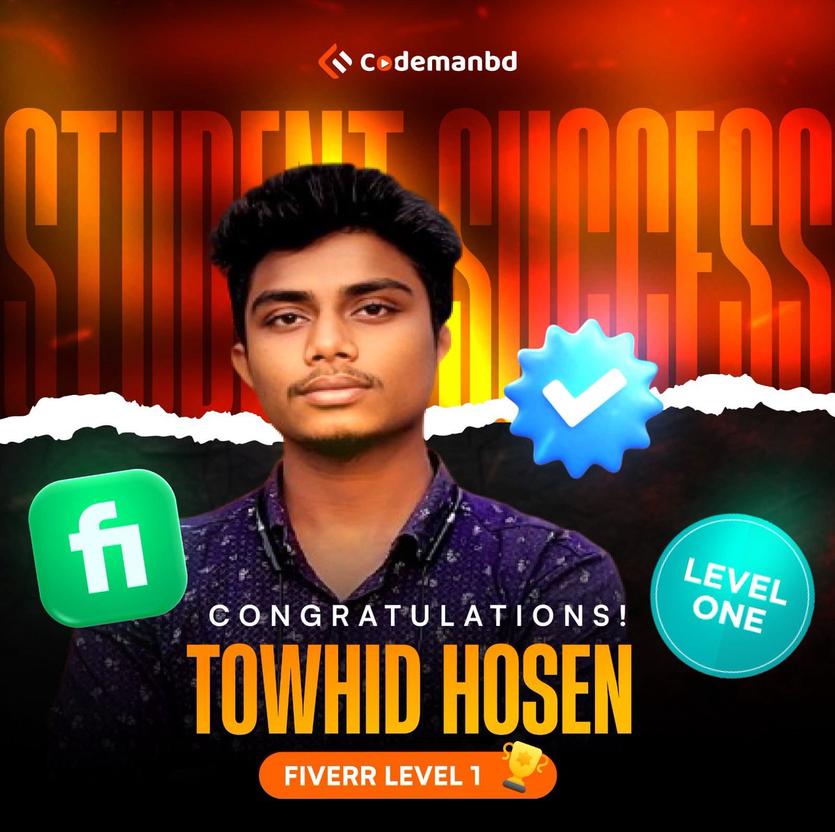 codemanbd's tweet image. শুভকামনা Towhid ফাইভার মার্কেটপ্লেসে লেভেল-১ ব্যাজ অর্জনের জন্য 💕
#Codemanbd | #StudentSuccess