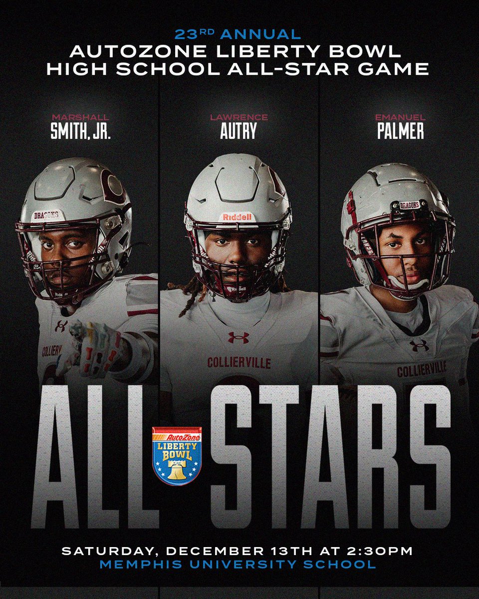 CHSDragonFB's tweet image. Congratulations to Marshall Smith, Lawrence Autry, Emanuel Palmer, Langston Reed, Hayden Hollenbeck, and Jolson Burks on being selected to this years Autozone Liberty Bowl High School All-Star Game on December 13th‼️‼️ 

📸Michael Stires