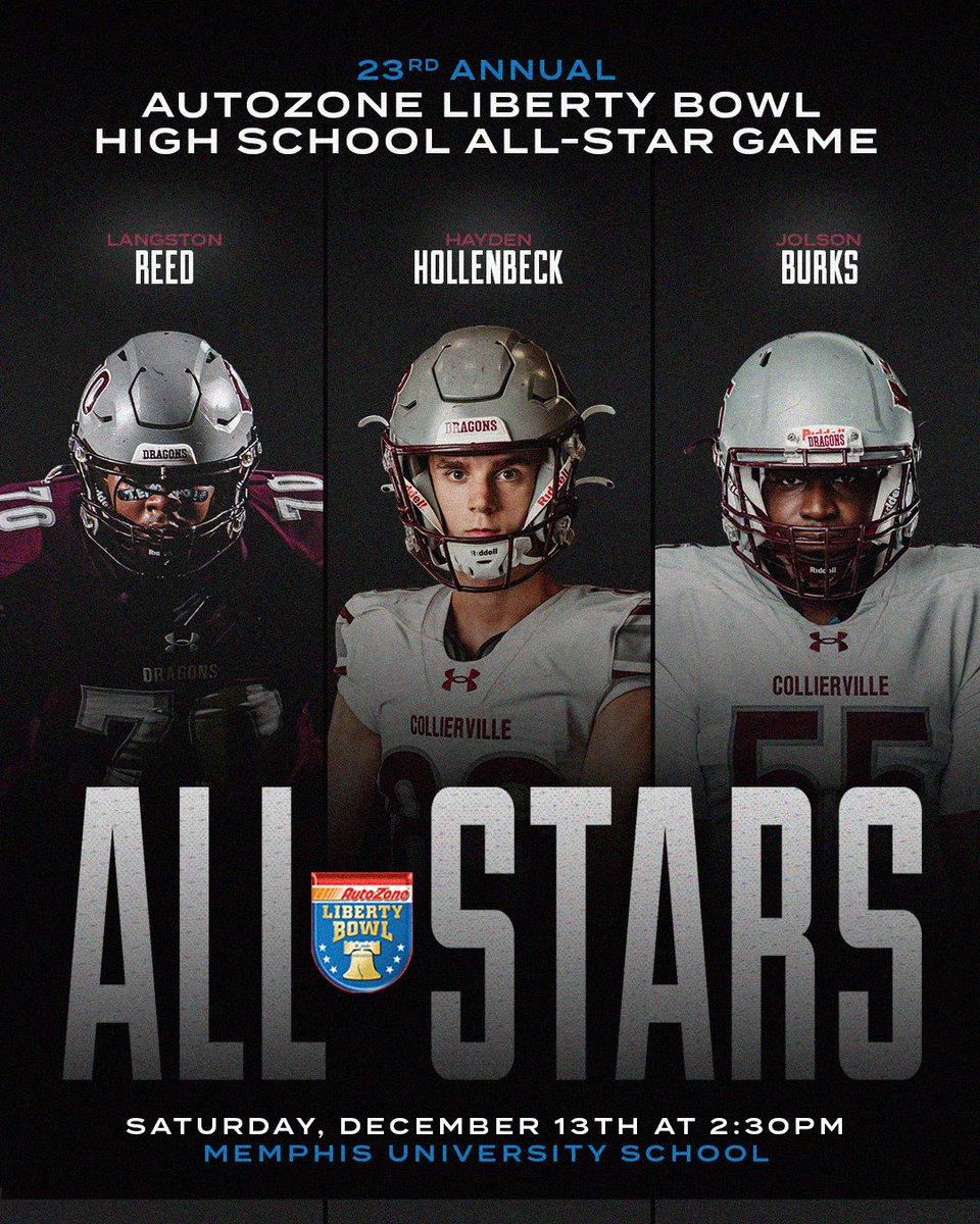 Congratulations to Marshall Smith, Lawrence Autry, Emanuel Palmer, Langston Reed, Hayden Hollenbeck, and Jolson Burks on being selected to this years Autozone Liberty Bowl High School All-Star Game on December 13th‼️‼️ 

📸Michael Stires