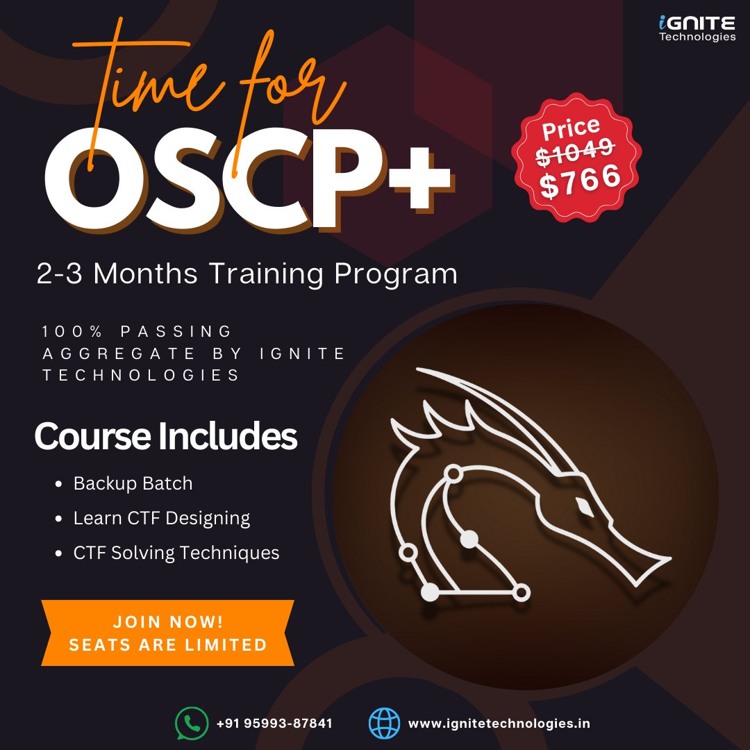 hackinarticles's tweet image. 🔥 OSCP+/CTF Exam Practice Training (Online) 🔥 – Register Now! 🚀

🔗 Register here: forms.gle/bowpX9TGEs41GD…
💬 WhatsApp:  wa.me/message/HIOPPN…

📧 Email: info@ignitetechnologies.in

Join IGNITE TECHNOLOGIES’ exclusive &quot;Capture the Flag&quot; Training Program and enhance your…