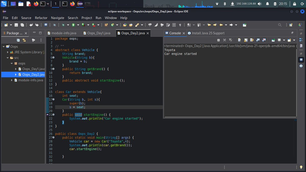 AakashModi1750_'s tweet image. Day 2 : Abstraction 
Implemented Vehicle (abstract) → Car today.
Input: Toyota, 4
Output:
Toyota   
Car engine started

Another solid day! 💻🔥
#100DaysOfCode #Java #OOP #LearnInPublic #CEO #Founder #CTO #startup