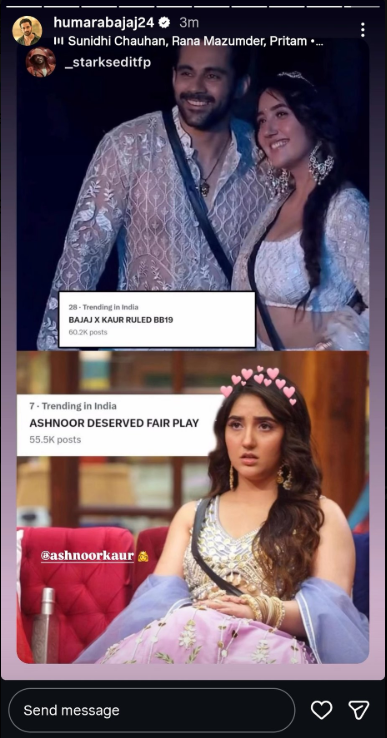 Agastyaa45's tweet photo. Abhishek Bajaj posted story for #AshnoorKaur ♥️ 

and he also noticed our trend 🥹

#AbhiNoor
BAJAJ X KAUR RULED BB19
ASHNOOR DESERVED FAIR PLAY

#AbhishekBajaj #BiggBoss19 https://t.co/d8ctCJGJQN