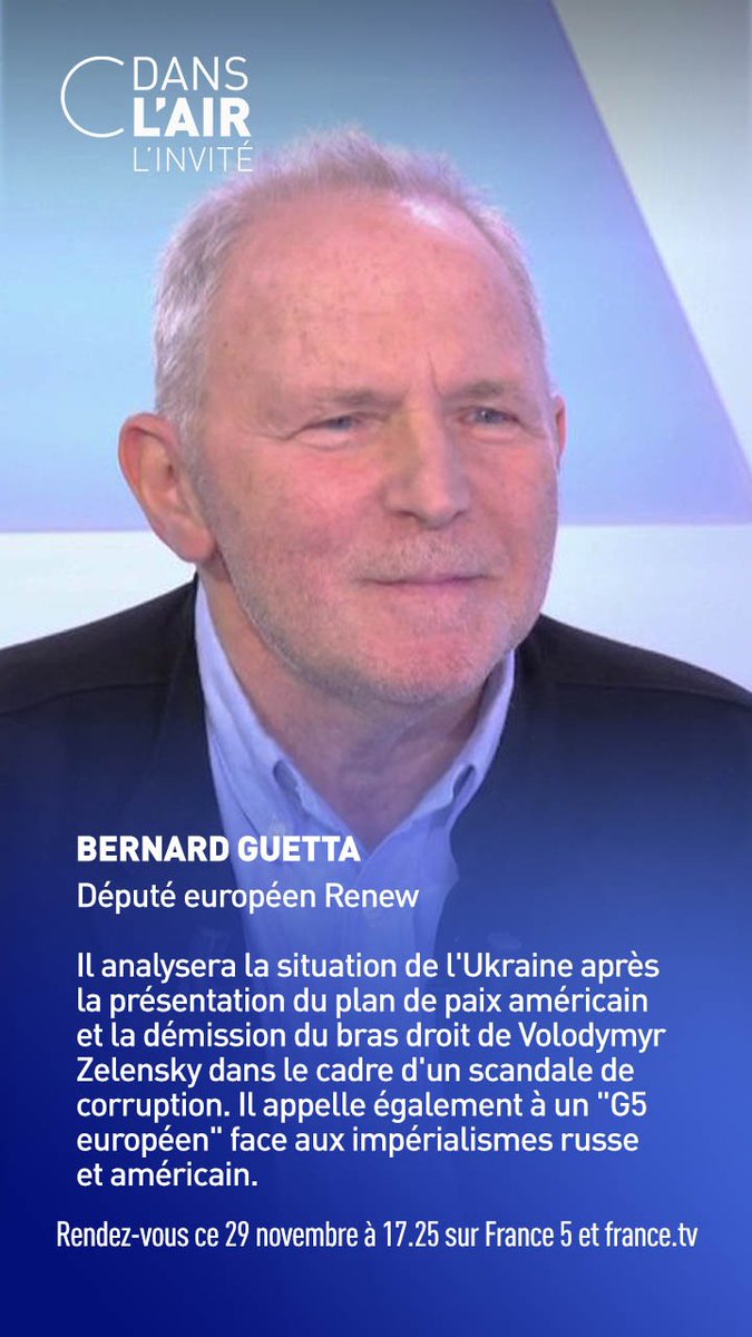 ⬛<a href="/guetta_en/">Bernard Guetta</a>, député européen <a href="/RenewEurope/">Renew Europe</a>, sera l'invité de <a href="/AureCasse/">Aurélie Casse</a> dans #cdanslair.

Rendez-vous à 17.25 sur France 5 !
#Ukraine #Russie #EtatsUnis