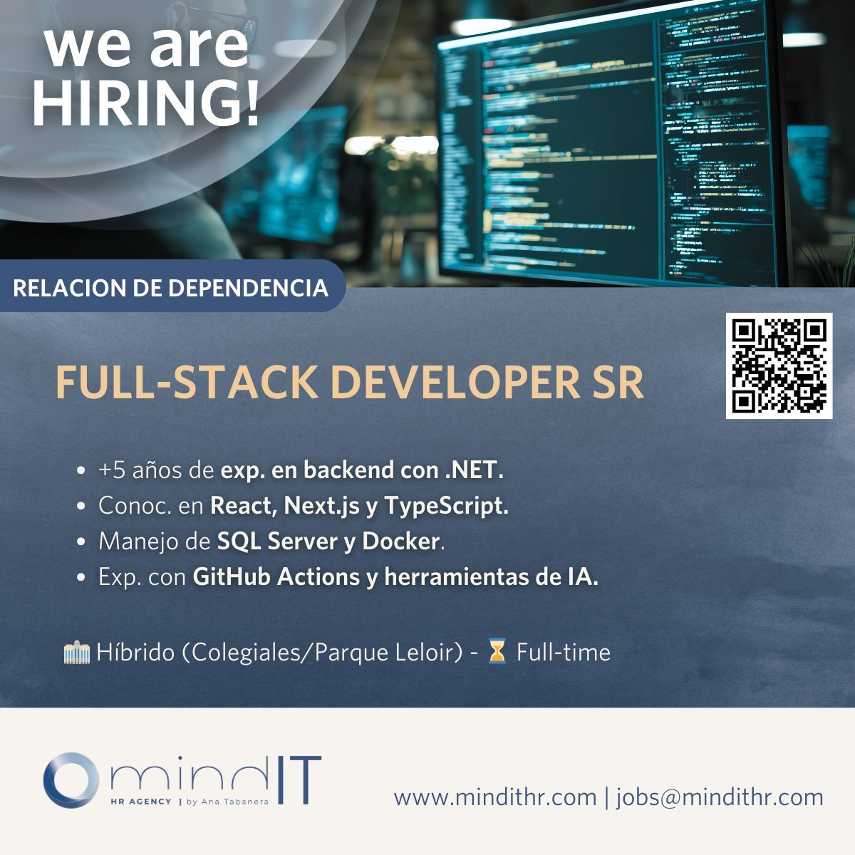 mindIThr's tweet image. 💜 Buscamos un/a Full-stack Developer Senior (.Net + React) para empresa de tecnología enfocada en la industria del entretenimiento online.

Toda la info en el QR y link! 🔗
mindithr.com/sr-net-develop…

#dotnet #react #aspnet #mindithr