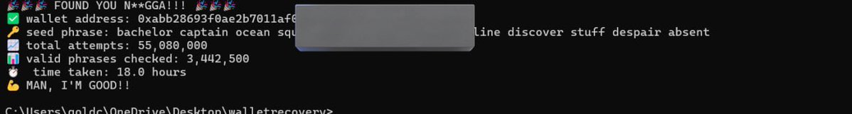 goldmanCreates's tweet image. saw zun crack 1 missing word from a seed phrase two days back. 

then morsy leveled up and did 2 words yesterday.

so i thought... why not go for 3?

just recovered a wallet with 3 missing seed phrase words. 

took 18 hours on a 16-core machine.

but the thing w this one is i…