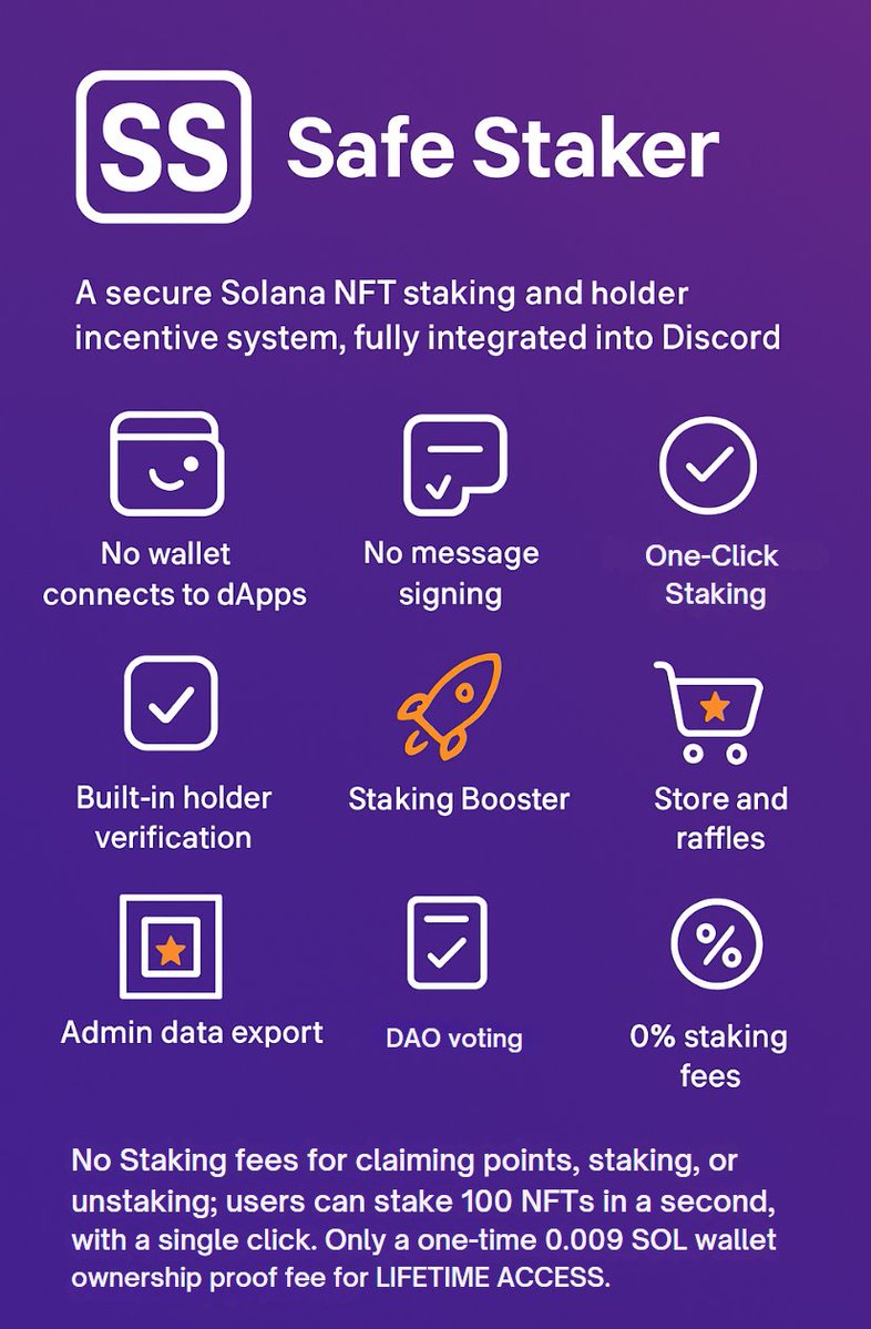 Just launched an NFT collection on Solana or have an existing one? Safe Staker is for you! Plug-and-play tracking for your diamond/strong holders. No monthly fees ... just hold 1 of your NFTs. 
Or, if you minted with our partner <a href="/LaunchMyNFT/">LaunchMyNFT</a>, enable it free from their dashboard.