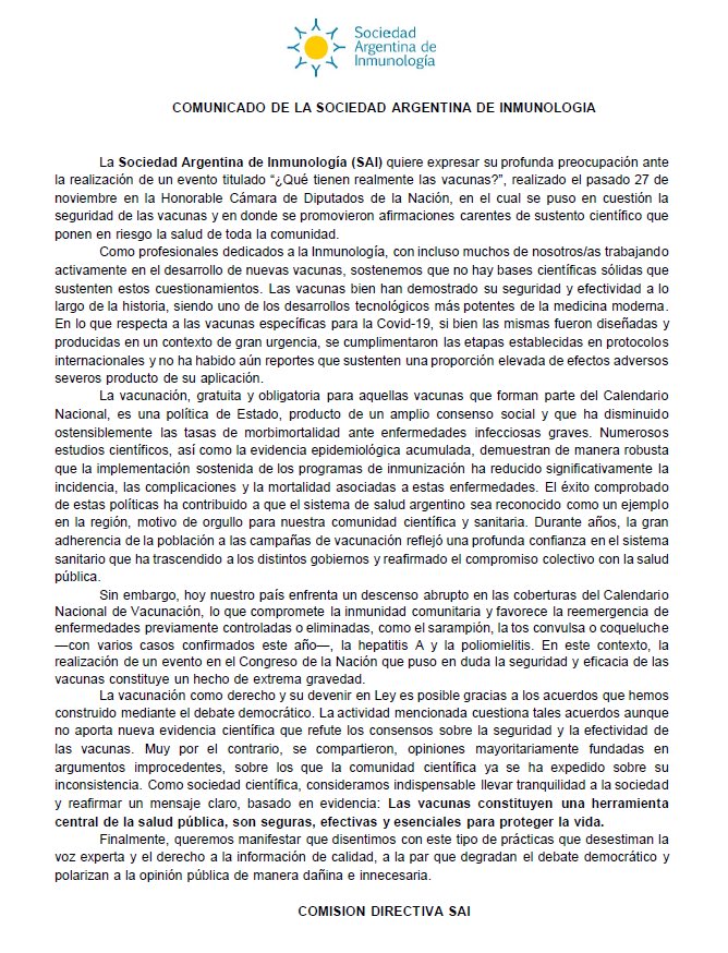 La Sociedad Argentina de Inmunología denuncia como “de extrema gravedad” el evento donde se sembraron dudas infundadas sobre vacunas. Reafirma que son seguras y esenciales, y advierte que la desinformación pone en riesgo la salud pública.