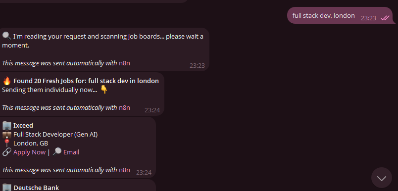 70p3_adams's tweet image. I got tired of refreshing job boards, so I built an AI agent to do it for me. ⚡️

It runs on Telegram, understands natural language via Google Gemini, real work goes to the Rapid for scraping powered by JavaScript for the heavy lifting.

#n8n #automation #Chatbot  #JobSearch