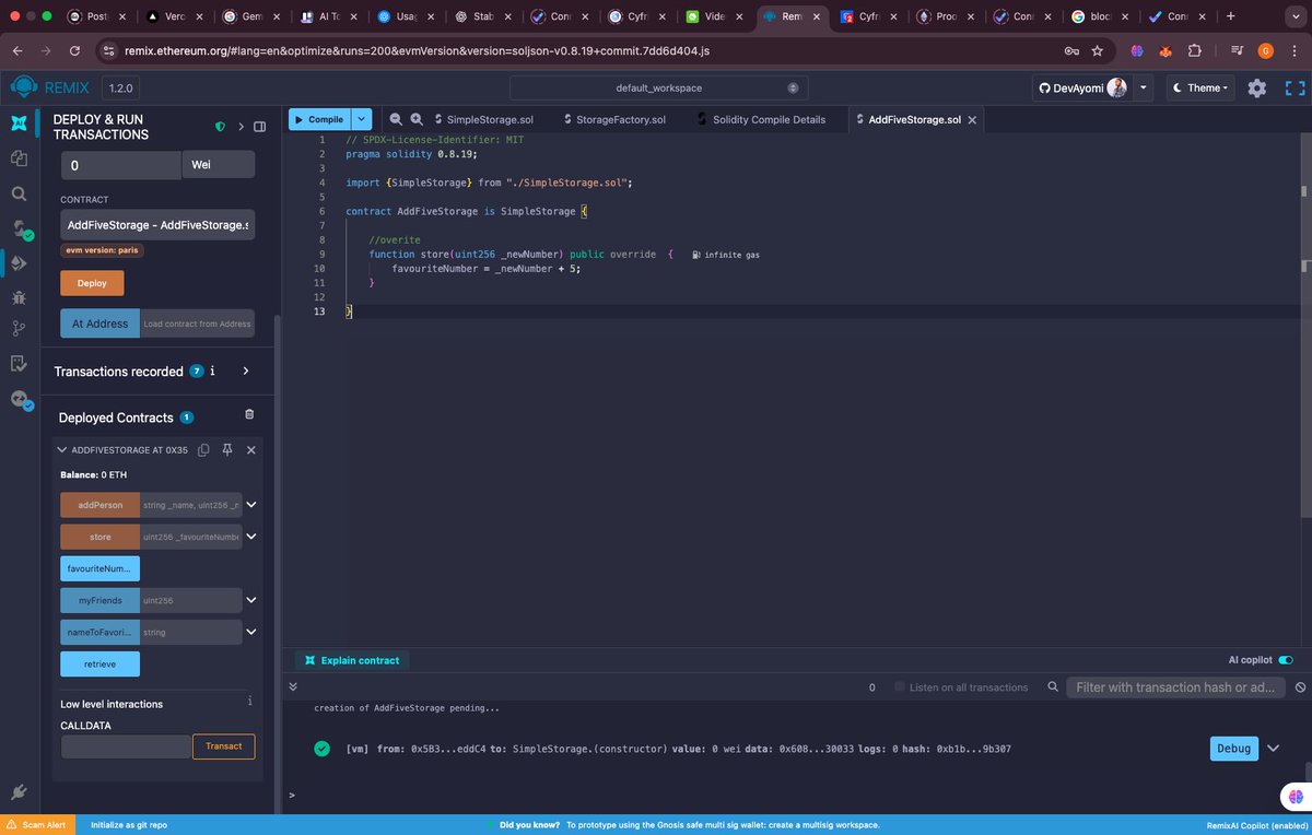 0xdevayo's tweet image. Day 7 of learning Blockchain 🔗

Today I finally felt like a real Solidity dev 😂
I learnt how to:
✨ Import contracts
✨ Use Inheritance
✨ Interact with other contracts using ABI

Seeing my contracts talk to each other inside Remix was mind-blowing 🤯
We go again tomorrow. 🚀⚡️…