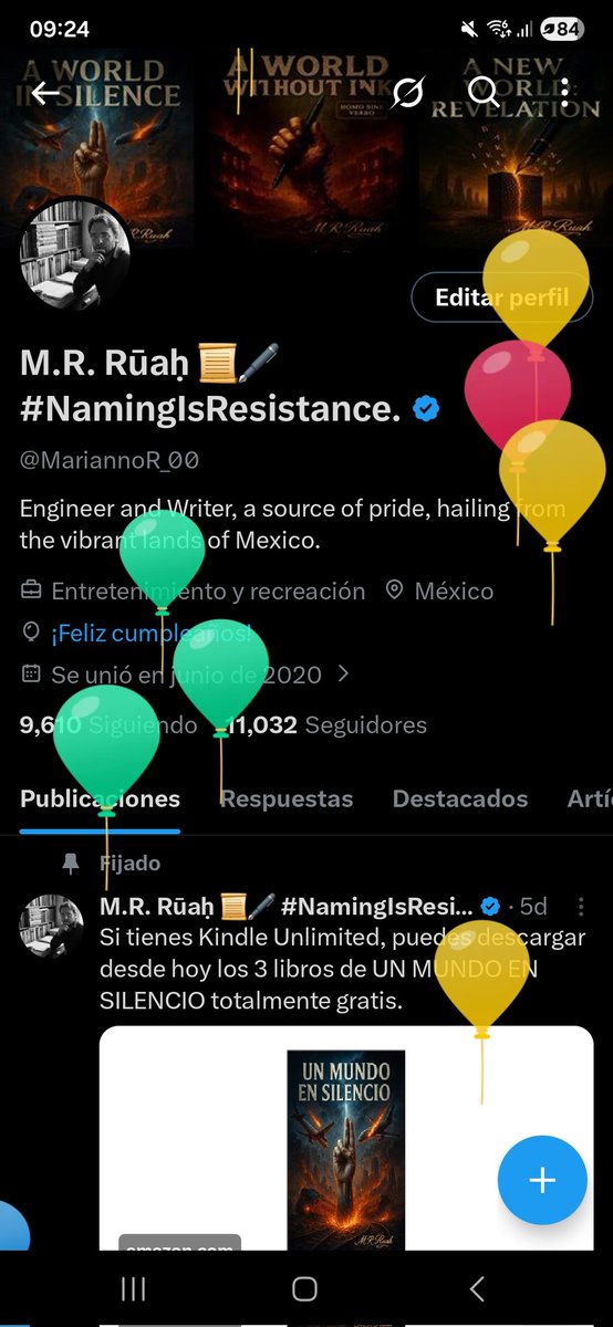 Hay globos. 🙂

Buenos días, gente maravillosa de X.
Un año más… y el regalo es para ustedes: este lunes podrán descargar gratis los 3 libros completos de UN MUNDO EN SILENCIO.

Gracias por estar aquí.
Feliz fin de semana. 🎈📚