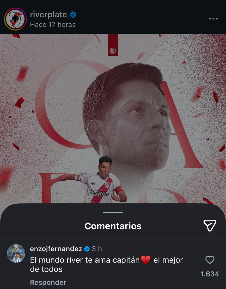 El comentario de Enzo Fernández en la publicación de River, para Enzo Pérez 🥹🤍❤️🤍