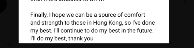 hutvmpecha's tweet image. thank you for trying to comfort those r in Hong Kong. I am so proud of stanning u