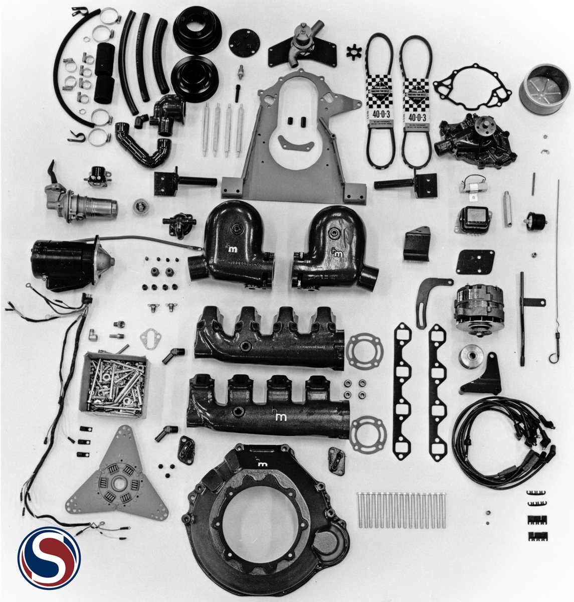 Parts from the Holman Moody shop laid out for a catalog shoot