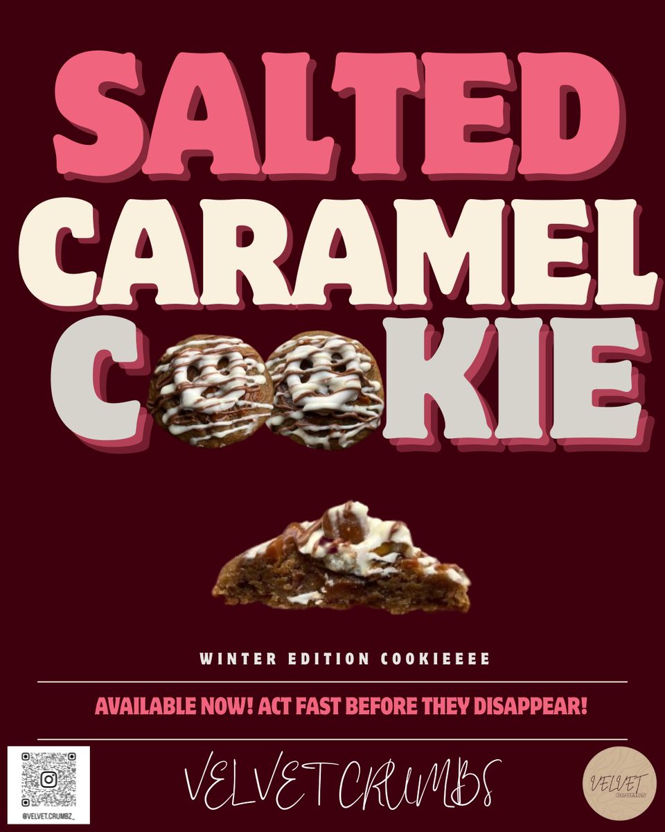 velvetcrumbz's tweet photo. شتويتكم أحلى مع كوكيز السولتد كارميل، متوفرة لفترة محدودة!! 🍫🥨

#كوكيز #جدة #cookies #VelvetCrumbs https://t.co/Xx4Q9yVvUG