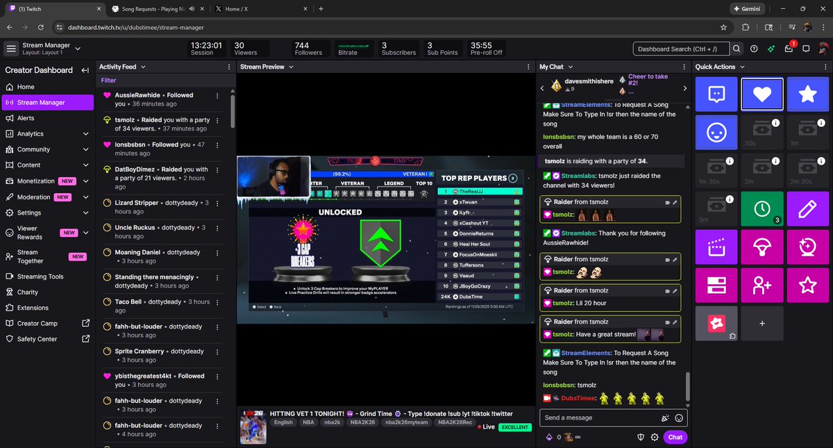 Dubstime's tweet image. Mane what a W of a day
14 and half hour stream ✅
3 different raids 🥹 ( S/O @DatGirlMeagan , @DatBoyDimez , &amp;amp; @tsmolz )
Went from 88.3% to vet 1 all rec no squad 🫡
And will be back later. Much luv yaw 💯 #NBA2K26