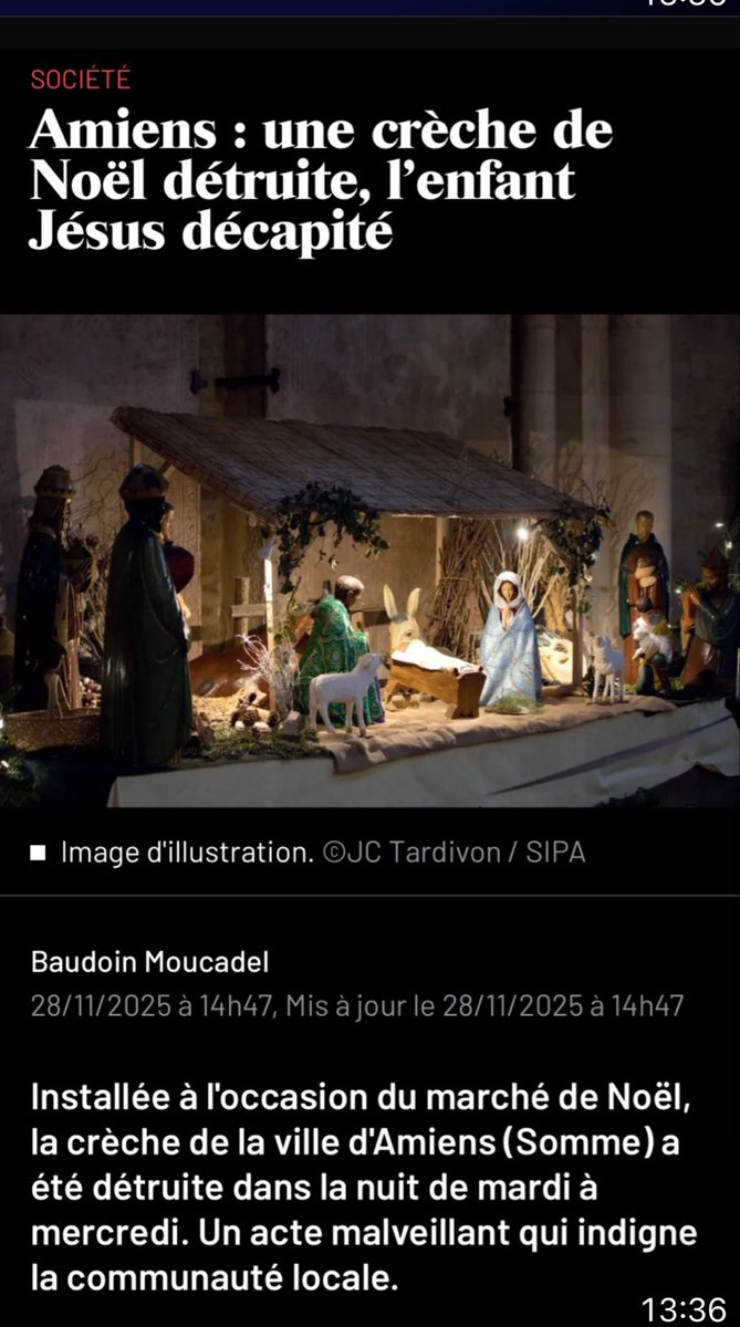 Une crèche détruite à Amiens sur le marché de Noël avec le petit Jésus décapité. Une crèche qui est là, chaque année, depuis 30 ans. 

Polémique sur l’installation d’une crèche dans les Hauts-de-Seine. 

Manifestation contre une crèche à l’hôtel de ville de Béziers. 

Allons nous