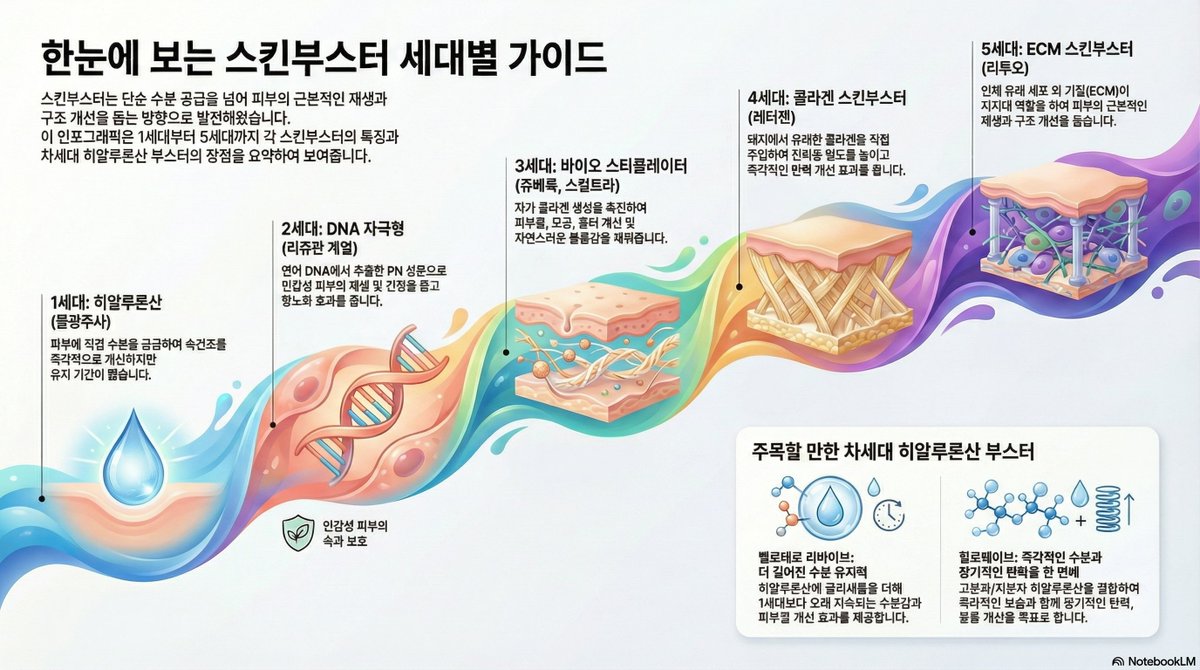 최근 틈 날때마다 피부 관련 공부만 하다보니 너무 재밌어서
하나씩 공유해봄.

일단 겨울이 왔으니 스킨부스터류를 공유.

1세대: 히알루론산: 물광주사
2세대: DNA자극형: 리쥬란 계열
3세대: 바이오 스티뮬레이터: 쥬베룩, 스컬트라,레디어스
4세대: 콜라겐 스킨부스터: 레티젠, 콜라쥬
+