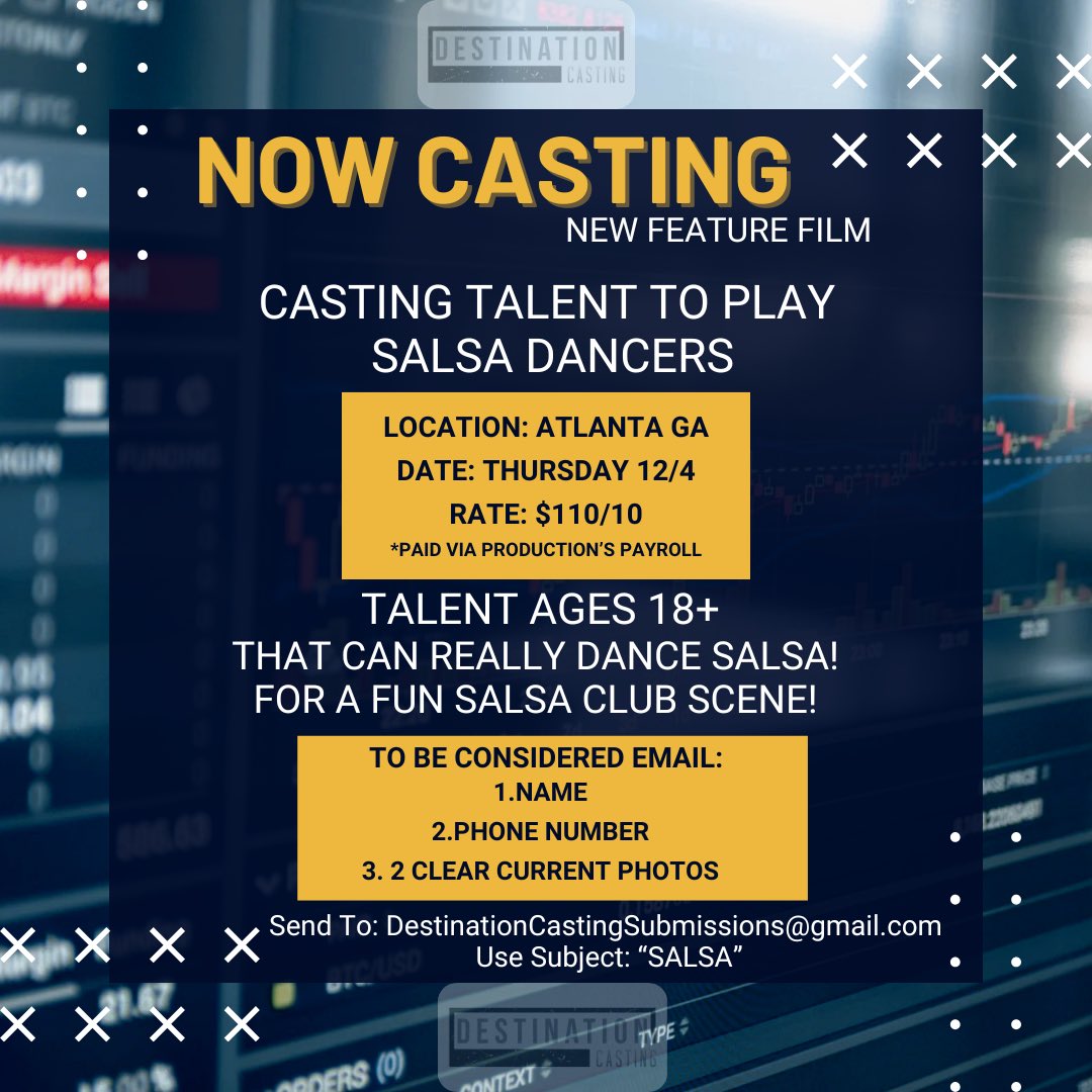 CastDestination's tweet image. SALSA DANCERS
LOCATION: ATLANTA GA
DATE: 12/4
RATE: $110/10
*PAID VIA PROD’s PAYROLL
AGES 18+
THAT CAN REALLY DANCE SALSA!
EMAIL:
1.NAME
2.PHONE NUMBER
3. 2 CLEAR CURRENT PHOTOS
Send To: DestinationCastingSubmissions@gmail.com
Use Subject: “SALSA”