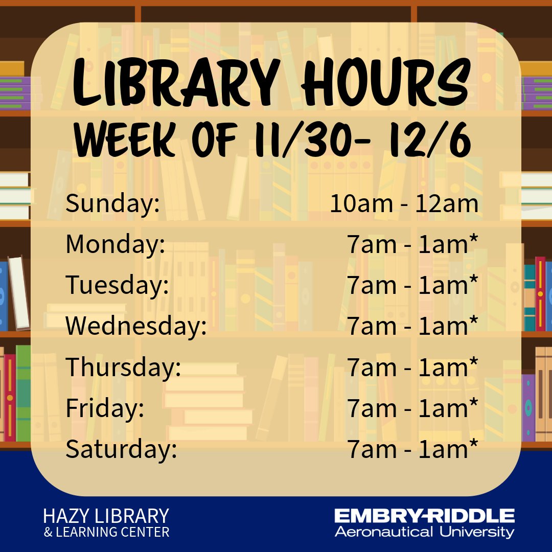 hazylibrary's tweet image. 📅Here are your Hazy Library Hours from November  30 - December 6. Hope to see you here! #HazyLibrary  

*Extended Hours for Finals Week