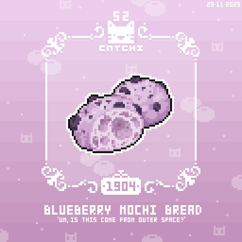 Catchi_52's tweet image. ＜藍莓麻糬麵包＞
「呃，這是甚麼來自外太空的東西？」

-29/11/2025 [像素日更 Daily pixel 1904] #像素 #美食 #pixels #pixelart #food #drawing #tasty #illustration #art