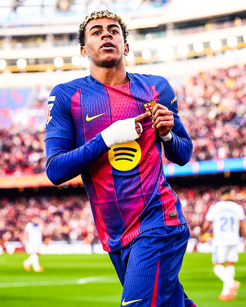 brfootball's tweet photo. Lamine Yamal celebrates scoring his first goal at the Camp Nou 🫶 https://t.co/Gh5saiynIO