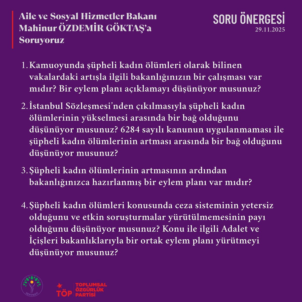 📌Şüpheli kadın ölümlerini TBMM gündemine taşıdım.

Kaydı tutulabilen verilere göre 2025’in ilk on ayında en az 237 kadın erkekler tarafından öldürüldü. Yalnızca bu sayı bile yeterince dehşet verici iken,  2025’in ilk on ayında 247 kadın ölümü kayıtlara şüpheli kadın ölümü olarak