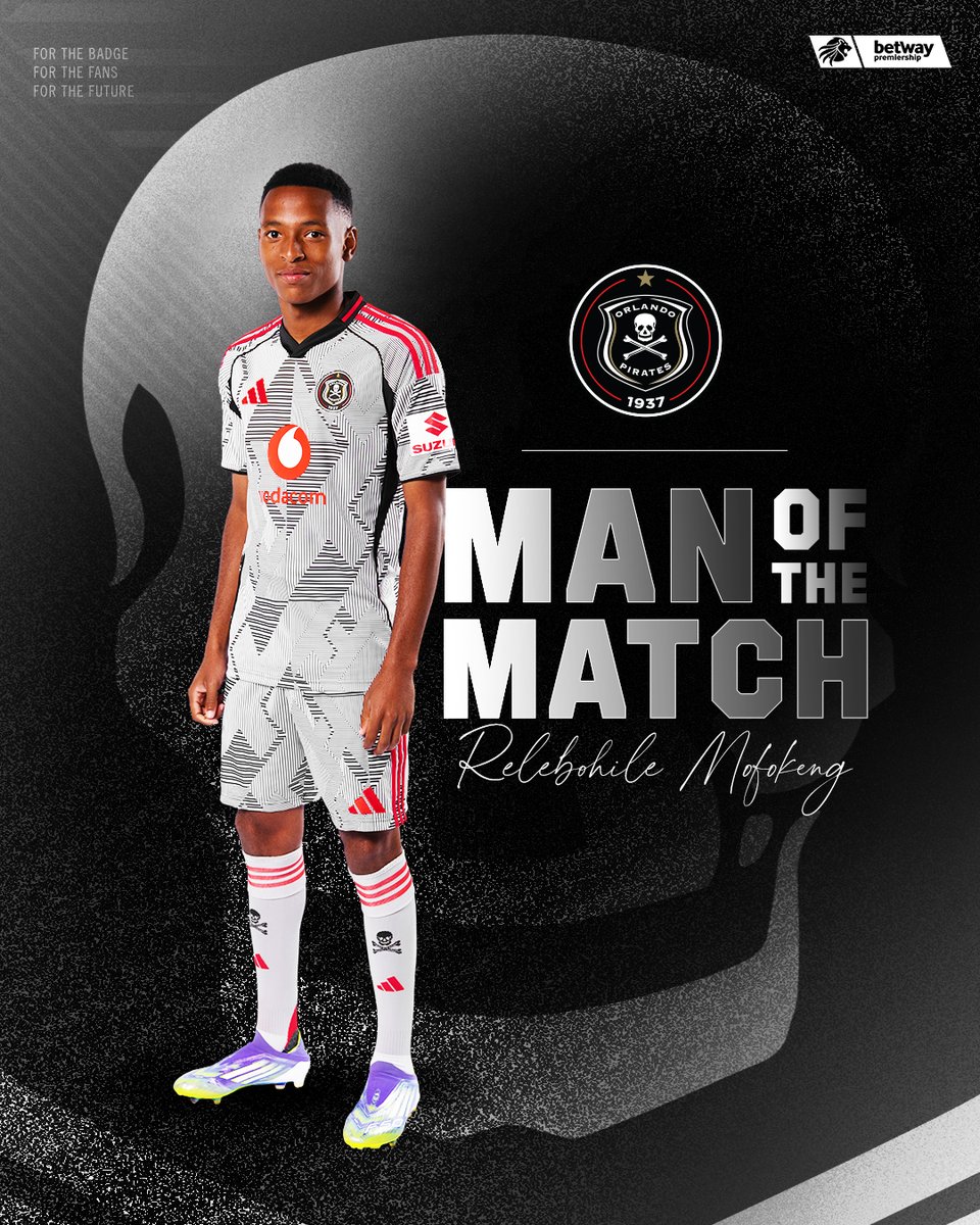 ☠️ 🤴🏾 Man of the Match | Relebohile Mofokeng

<a href="/DurbanCity_FC/">Durban City FC</a> 0 - 2 <a href="/orlandopirates/">Orlando Pirates</a>  

🥅 Makgopa 22', Maswanganyi 77'

⚫⚪🔴⭐
#MatchDay
#OrlandoPirates
#OnceAlways