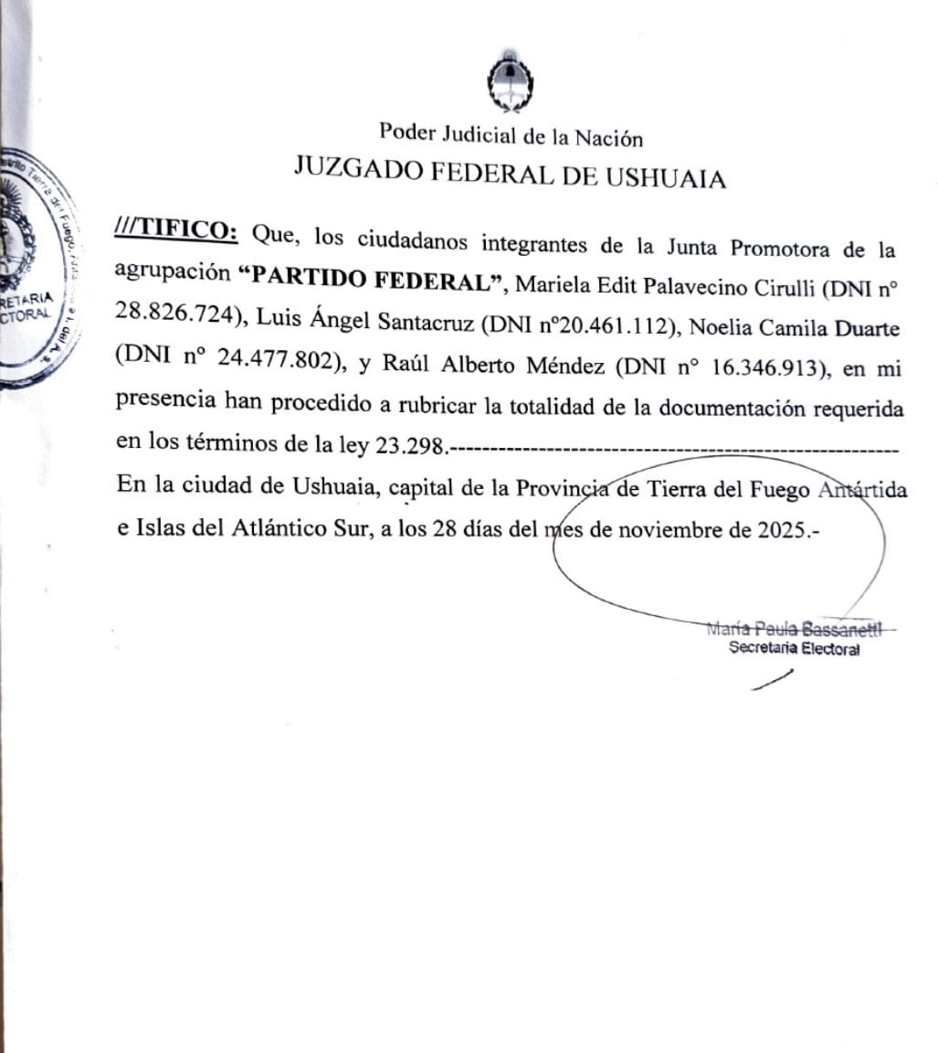 El Juzgado Federal de Tierra del Fuego da por constituida la Junta Promotora del Partido Federal en esa provincia, encabezada por Luis Santacruz, junto a Mariela, Raúl y Nelia. Ahora comienza el trabajo para coronar el objetivo. Felicitaciones amigos Federales!!
<a href="/madeodaniel/">Daniel Madeo</a>