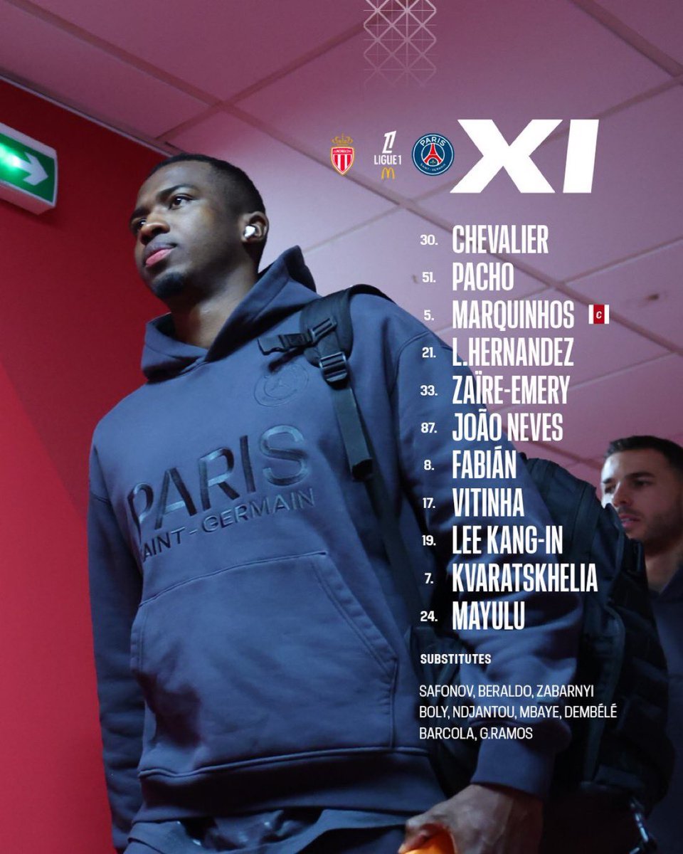 📄 La 𝒞𝒪𝑀𝒫𝒪𝒮𝐼𝒯𝐼𝒪𝒩 du PSG ❤️💙 contre l’ASM 🇲🇨:

✅👀 Lucas Chevalier est titulaire ! 

#ASMPSG | #Ligue1