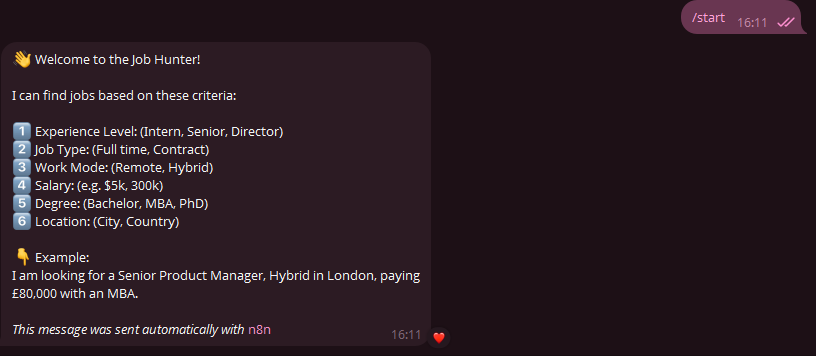 Tope__Adams's tweet image. I got tired of refreshing job boards, so I built an AI agent to do it for me. ⚡️ 

It runs on Telegram, understands natural language via Google Gemini, real work goes to the Rapid for scraping powered by JavaScript for the heavy lifting.  

#n8n #automation #Chatbot #JobSearch