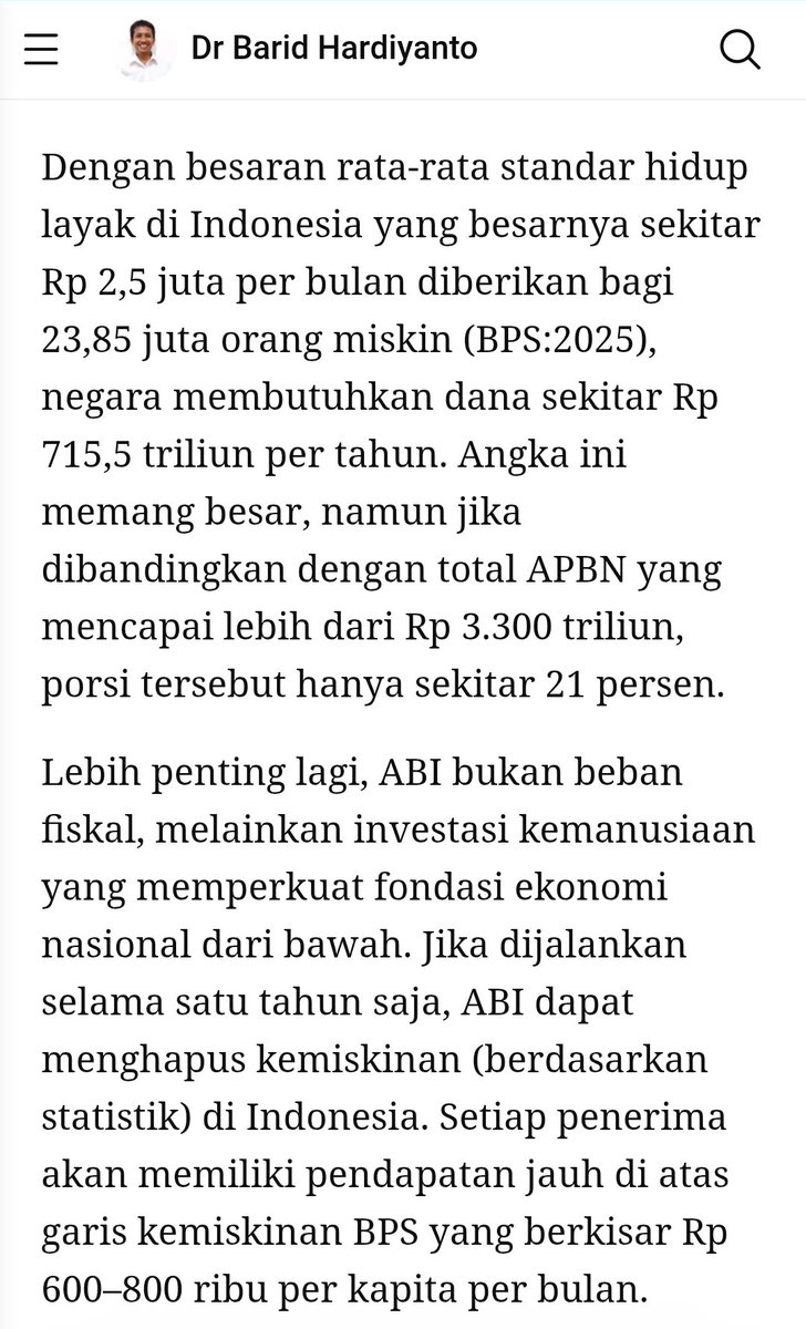 Dg Affirmative Basic Income (ABI) kita bisa hapus kemiskinan saat ini juga. Cukup dengan 700an Trilyun minimal 1 tahun ngga ada orang miskin. Sukur bisa selama pemerintahan Pak <a href="/prabowo/">Prabowo Subianto</a> CC: Cak <a href="/cakimiNOW/">A Muhaimin Iskandar</a> 

m.kumparan.com/barid-hardiyan…