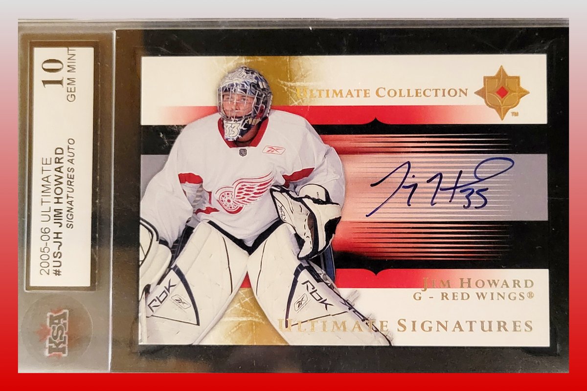 A career-long Detroit Red Wing is up for today’s edition of #SignatureSaturday!

This 2005-06 #UpperDeck Ultimate Collection Signatures card features a vibrant hard-signed auto of then-#rookie #JimmyHoward with the #DetroitRedWings. This copy is graded a KSA 10.