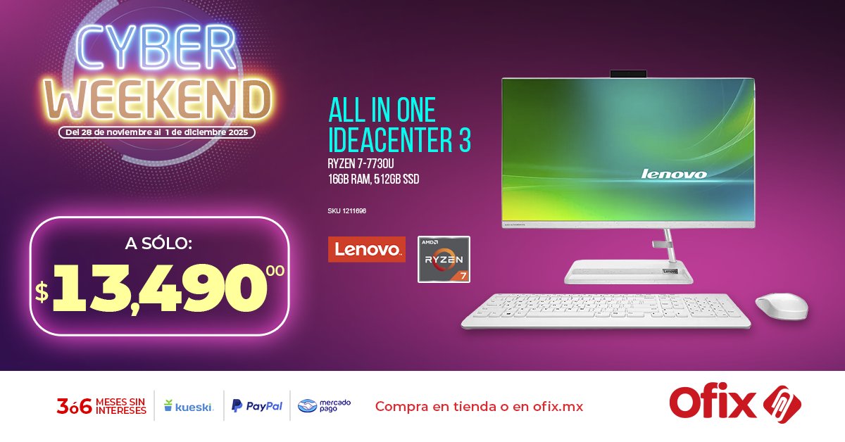 ofixmx's tweet image. Computadora All in One. 🖥️ Lenovo, práctica y veloz herramienta de trabajo o estudio.
⚡Cyberweekend 🗓️ en Ofix📎  Paga a MSI y recibe en tu domicilio. 📦
Válido del 28 de Noviembre al 1 de Diciembre disponibles en Ofix.mx 🛒 🛍️

#Ofix #BuenFin #AllinOne #Lenovo