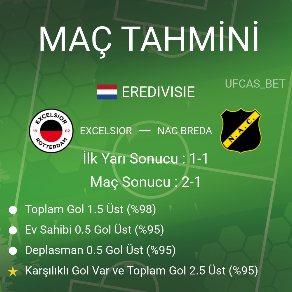 UFCAS_BET's tweet image. Excelsior vs NAC Breda maçı analizi hazır! ⚽️Savunma zaafları ve gol yollarındaki etkili oyunlarıyla bu maç bol gollü geçecek! 🔥 Karşılıklı golleri bekliyoruz! 📈🎯

#Excelsior #NACBreda #maçtahmini #iddaa #gol #bahis