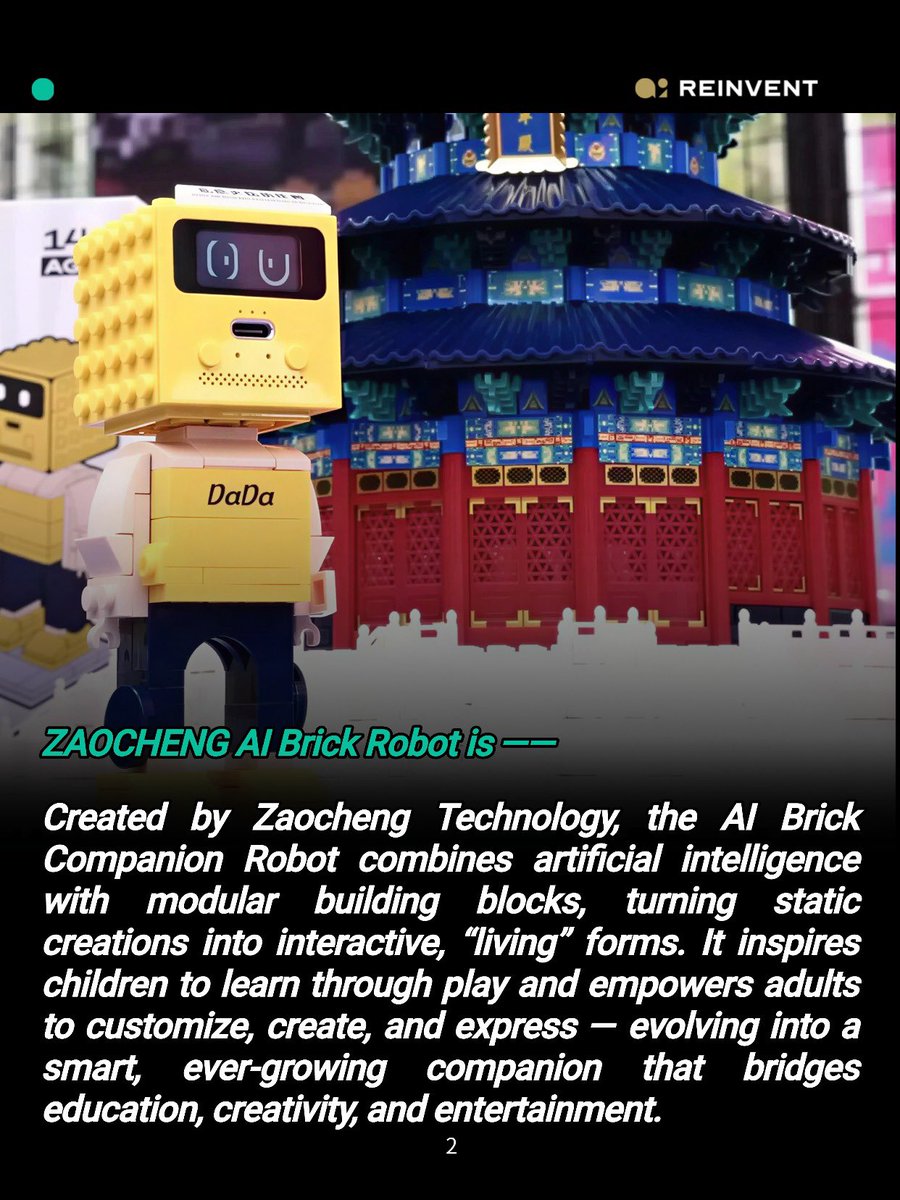 AI_Reinvent's tweet image. Meet ZAOCHENG AI Brick Robot — the intelligent companion that brings building blocks to life. 🧱🤖✨

🔥 Why it’s cool:
✓ AI + bricks
✓ Voice &amp;amp; visual recognition
✓ 4G connectivity
✓ Builds cities, landmarks, or your own dream world
#Brick #smartrobot #edtech #AIcompanion #AI
