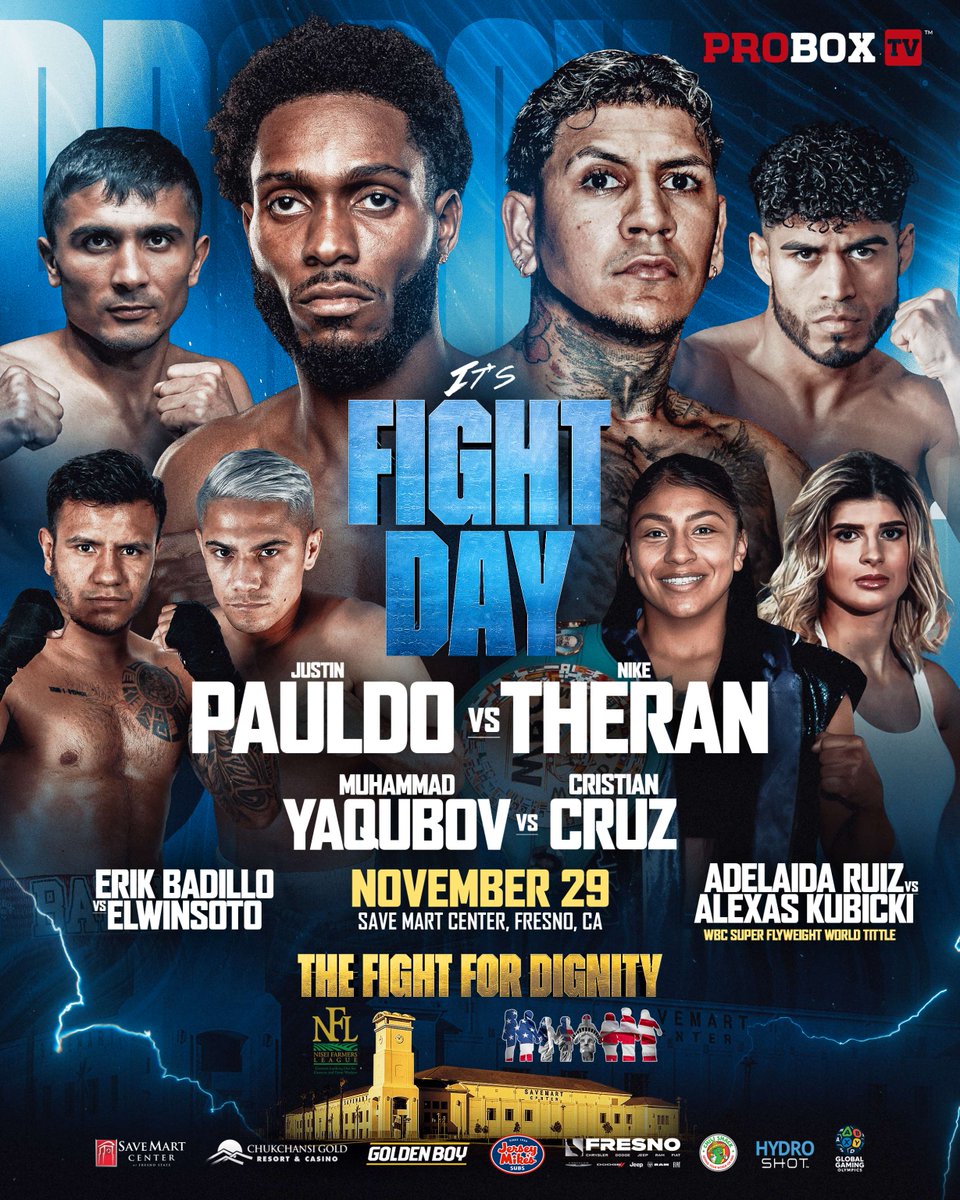 ProBox_TV's tweet image. 🔥 IT’S FIGHT NIGHT! 🔥

Join us at The Save Mart Center in Fresno, CA  for an action-packed night tonight. 

👊 MAIN EVENT: Justin Pauldo vs. Nike Theran
💥 CO-MAIN: Muhammadkhuja Yaqubov vs. Cristian Cruz
⚡ Featured Fight: Erik Badillo vs. Elwin Soto
🏆 WBC Super Flyweight…