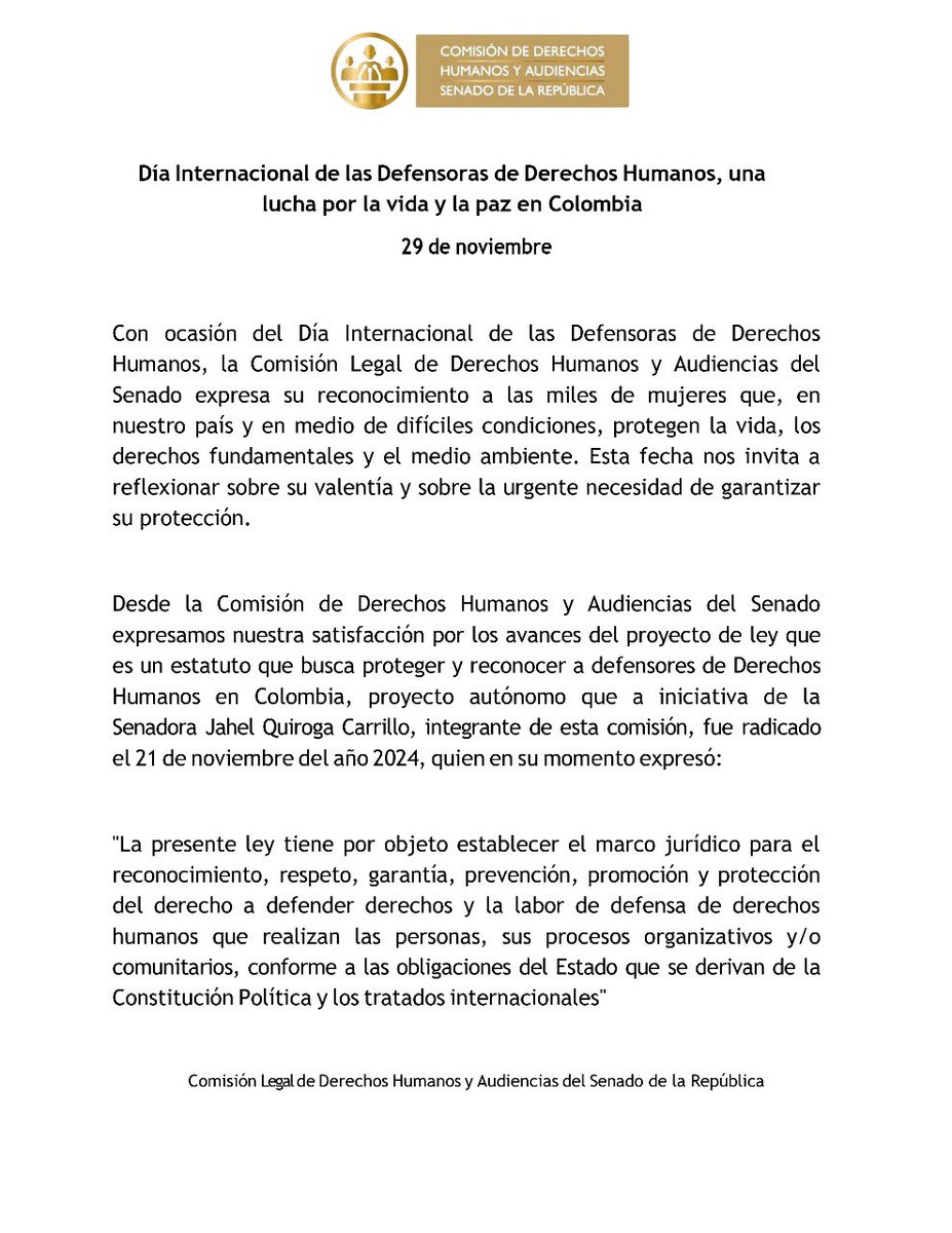 🗓️Día Internacional de las Defensoras de Derechos Humanos. ✊🏽✊🏻Expresamos nuestro reconocimiento a las miles de mujeres que, en nuestro país y en medio de difíciles condiciones, protegen la vida, los derechos fundamentales y el medio ambiente.⬇️