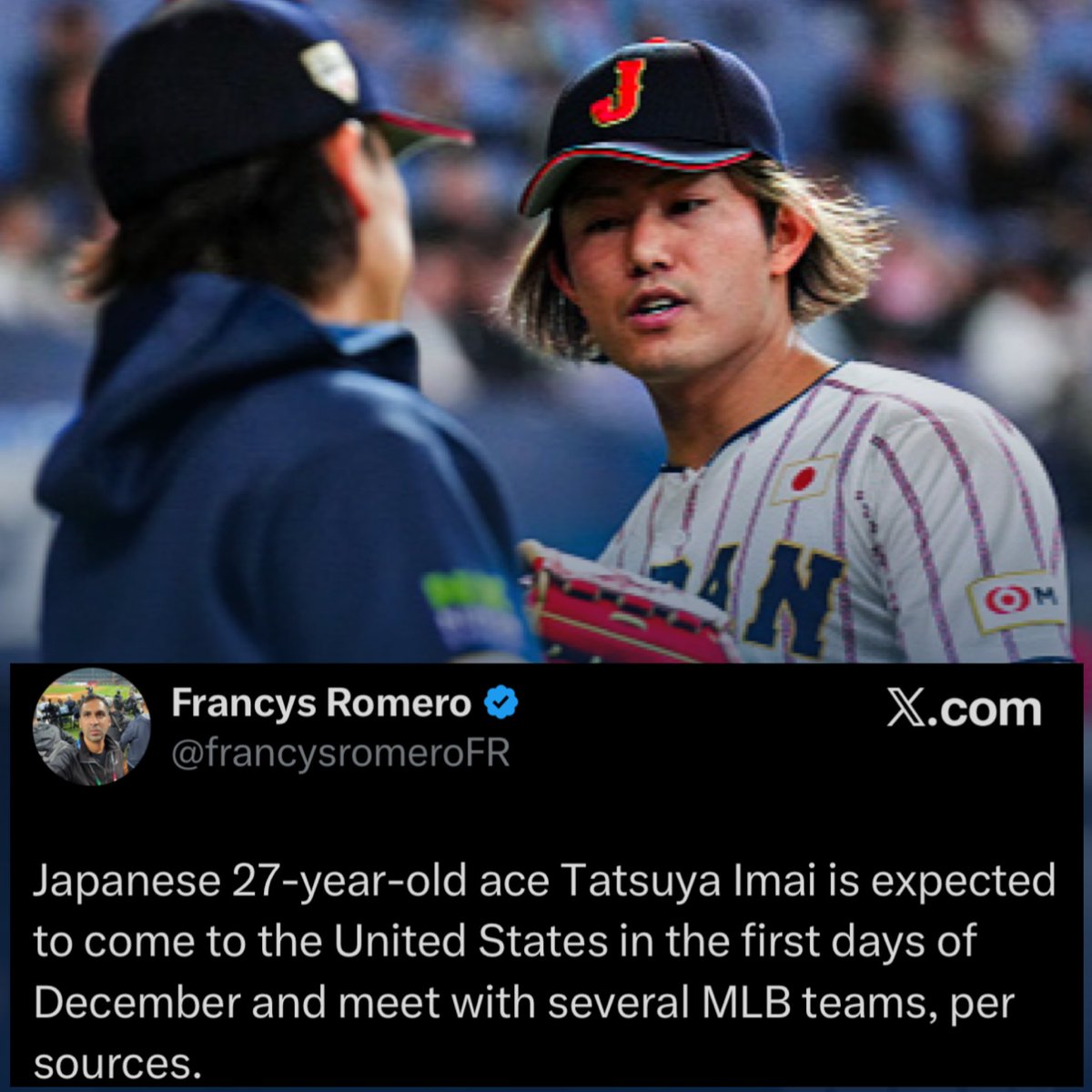 yankee_source's tweet image. Japanese 27-year-old ace RHP Tatsuya Imai is expected to come to the US in the first days of December and will meet with several MLB teams. 

NYY has shown interest in signing the 5’11/176 RHP in free agency this offseason. 

📸: @francysromeroFR. 

#TatsuyaImai #RepBX