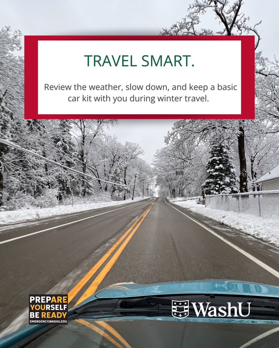 Stay weather-ready.
Snowy conditions may follow the holiday weekend, so take a moment to check the forecast and plan ahead. Winter weather can change quickly—give yourself extra time, slow down, and stay alert on and off campus.
Together, we are #WashUReady. #mowx #washu