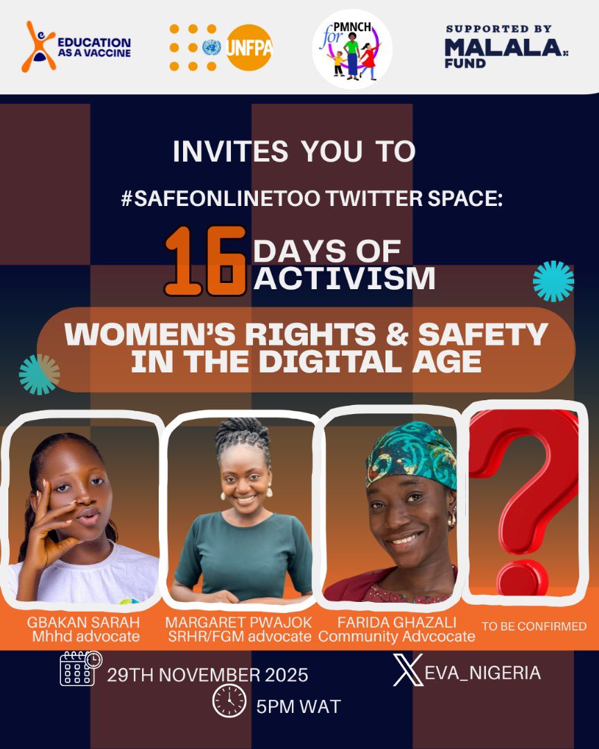 EVA_Nigeria's tweet photo. Digital violence is real.
And it affects girls every day.
But many people don’t even know what it looks like.
Join us now, on our X-space as we break it down simply.
#16DaysOfActivism
#SafeOnlineToo
#SafeToSurf https://t.co/sxA8lmMHM6