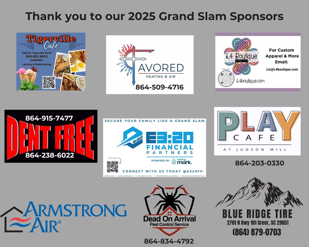 Thank you to our 2025 Grand Slam Sponsors!  What a great Spring and Fall Season!  We appreciate you all!

Make sure to get out there and support all of the small businesses supporting your kids!!