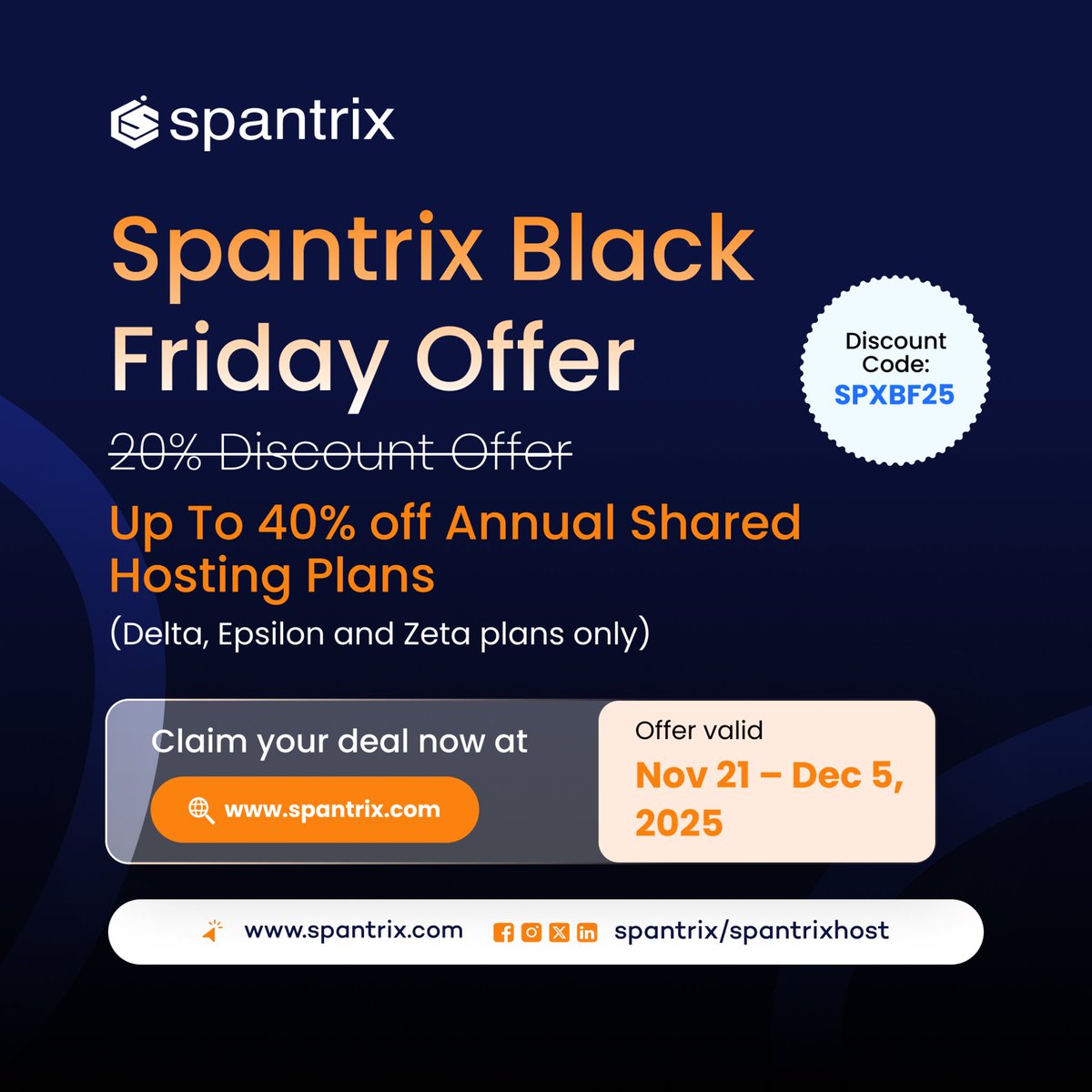 Spantrixhost's tweet image. It&apos;s still raining hot deals!

Save big with 40% off the Delta, Epsilon, and Zeta annual shared hosting plans.⚡️

Hurry now. Hit the link in our bio to claim your discount. 🎁