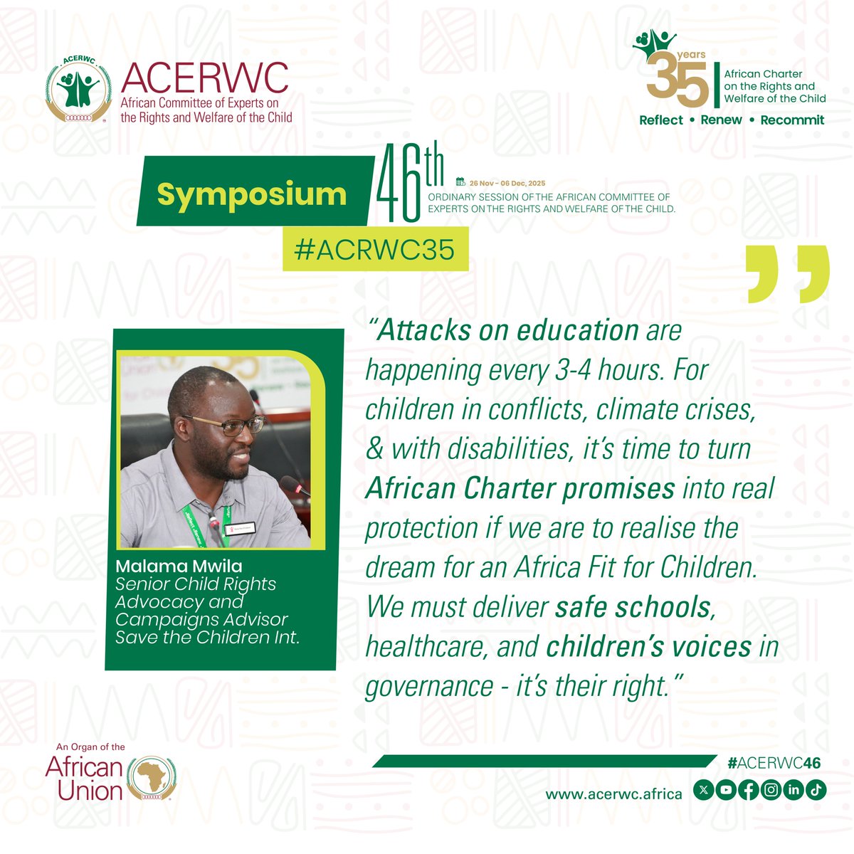 acerwc's tweet image. &quot;It&apos;s time to turn African Charter promises into real protection if we are to realise the dream for an #AfricaFit4Children.&quot; 

Malama Mwila Senior Child Rights Advocacy and Campaigns Advisor - Save the Children International

#ACRWC35
#Agenda2040
