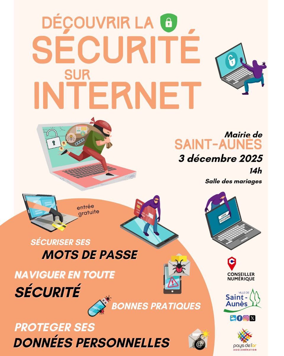 🔐 Atelier “Internet en sécurité”
📅 3 déc. – 14h
📍 Mairie, salle des mariages
🎟️ Gratuit

Au programme : mots de passe, bons réflexes en ligne, protection des données ✔️

Un moment simple et utile pour naviguer sereinement. Venez nombreux ! 😉