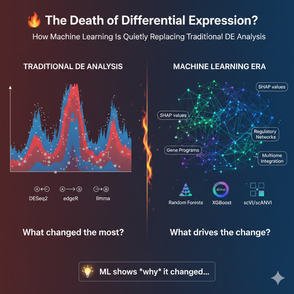 nishat_NSS's tweet image. Volcano plots show the surface.
Machine learning shows the mechanism.
DE isn’t dead — but ML is taking over!!!

SHAP, scVI, WGCNA, SCENIC+ uncover biology volcano plots can’t.

#SingleCell #Bioinformatics #MachineLearning #Genomics #AIinHealthcare #ComputationalBiology