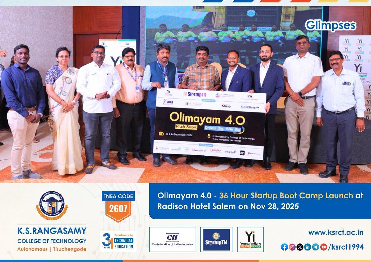 ksrct1994's tweet photo. Honoured to Launch the Olimayam 4.0 Flyer at Radisson Hotel, Salem!
#ksrct1994 #ksr #ksrei #Olimayam4 #StartupBootCamp #FlyerLaunch #YoungIndians #YiSalem #StartupTNSalemHub #CII #KSRCT #Entrepreneurship #Innovation #StartupEcosystem #ThriveniEarthmovers #Leadership https://t.co/iFqXOttXLX