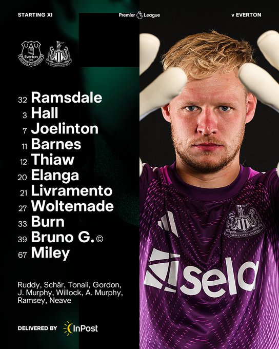 Newcastle United v Everton: Ramsdale, Hall, Joelinton, Barnes, Thiaw, Elanga, Livramento, Woltemade, Burn, Bruno G., Miley