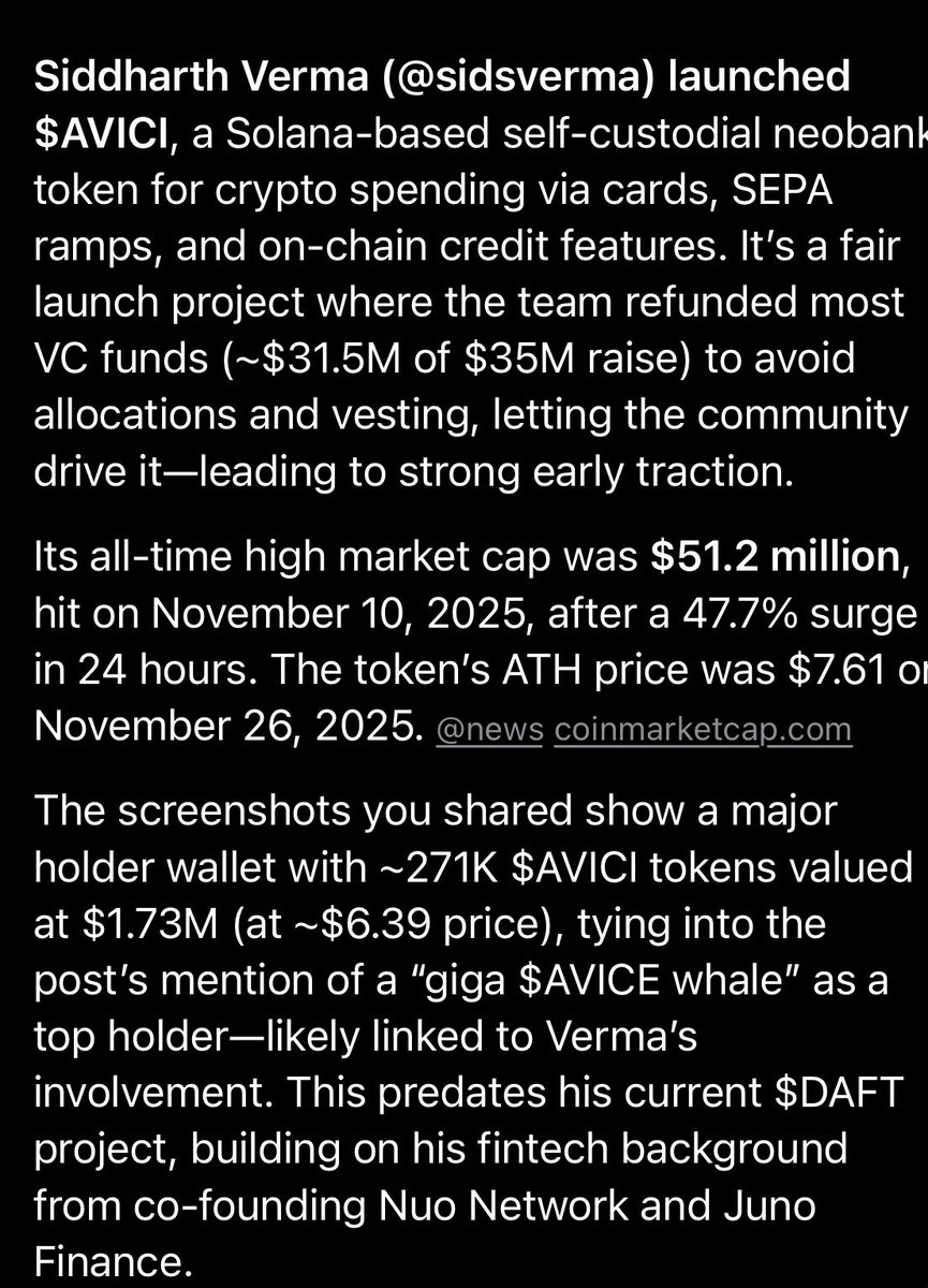 X100Build's tweet image. So @sidsverma launched $avici

$daft gonna cook 

F4ZL8sHPXAoUaAQ6DVY4Si6uhHu9T5dvciNozdPZdoge

@anoncoinit