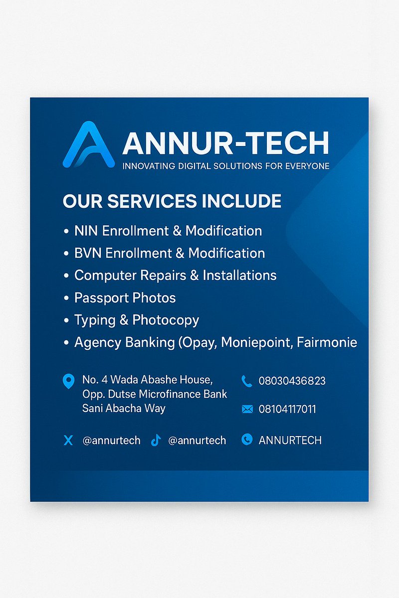 Annurtech's tweet photo. Our services include:

1.NIN ENROLLMENT AND MODIFICATION 
2. BVN ENROLLMENT AND MODIFICATION 
3. COMPUTER REPAIRS AND INSTALLATION.
PATRONIZE OUR SERVICES https://t.co/5K29ZVHIFn