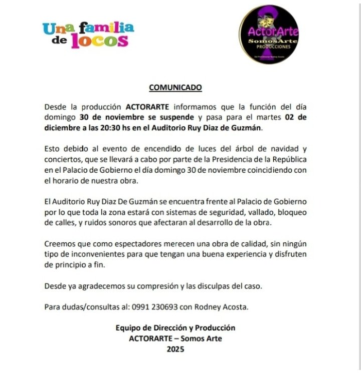 Función del 30/11 al 02/12, por encendido de luces de árbolito del Palacio
COMUNICADO ACTORARTE: La función del día domingo 30 de noviembre se suspende y pasa para el martes 02 de diciembre a las 20:30 hs. en el Auditorio Ruy Díaz de Guzmán. Leer mas: facebook.com/share/p/17Z9Tb…